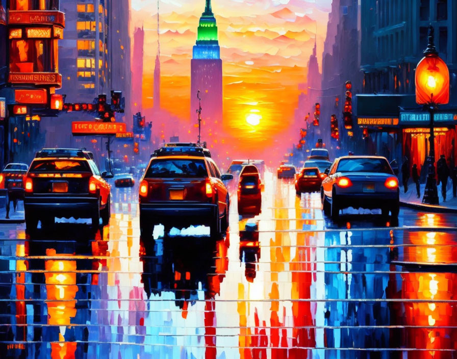 Vibrant sunset city street with reflections, traffic, and skyscraper silhouettes