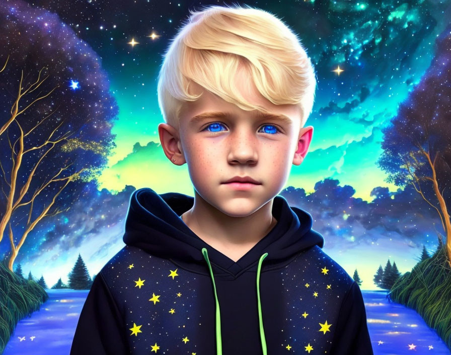 Digital portrait of young boy with blond hair in star-patterned hoodie against starry night sky and aur