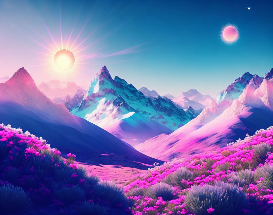 Surreal landscape with vibrant purple flora and snow-capped mountain peaks
