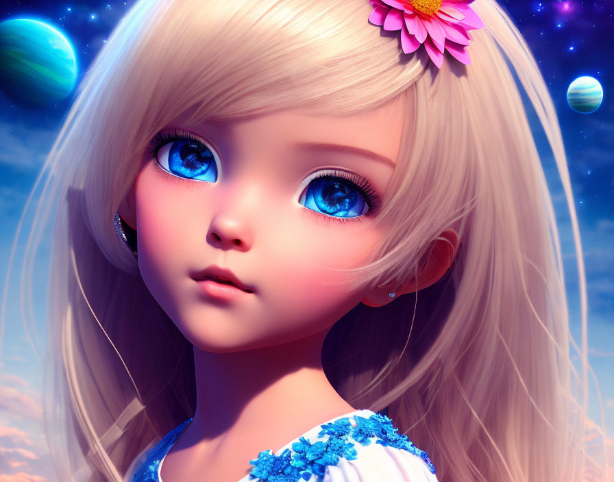 Anime-style girl with blue eyes and blonde hair in cosmic fantasy scene