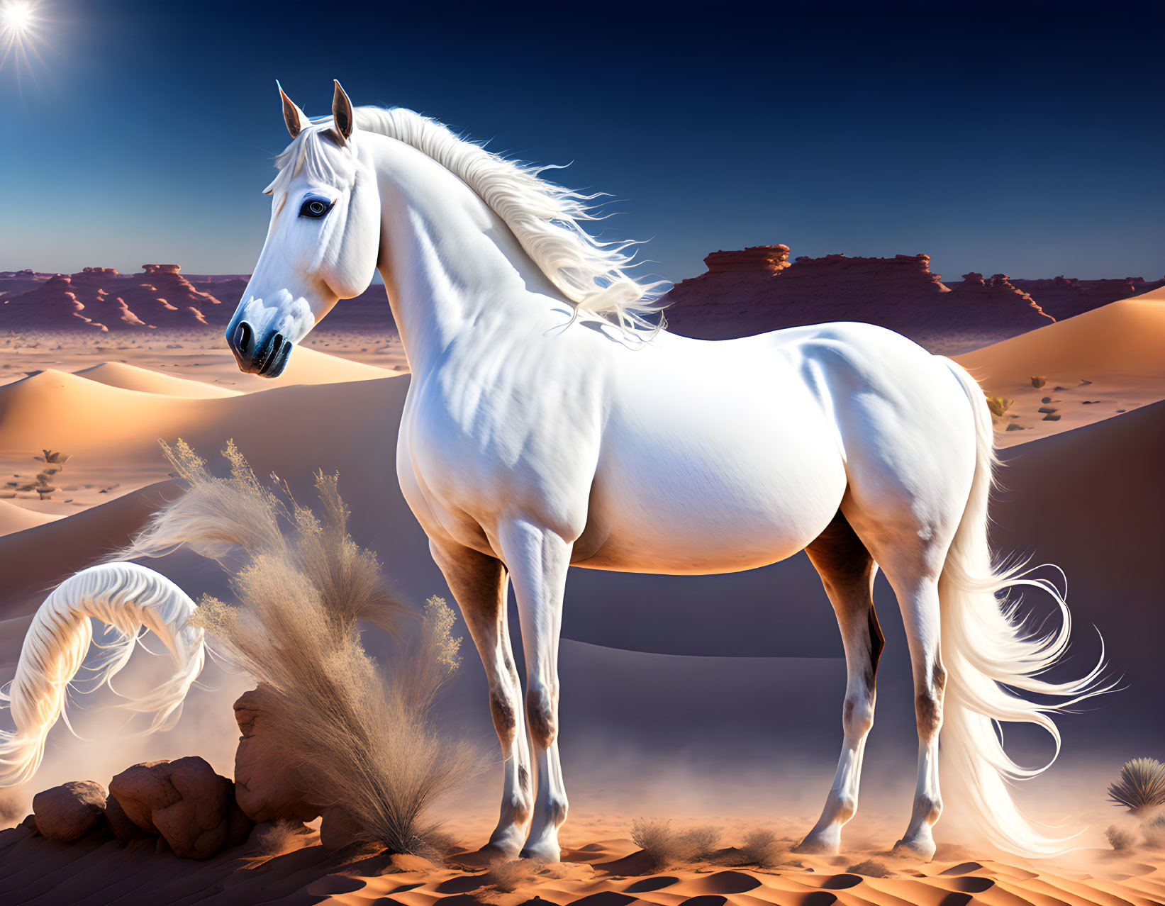White Horse in Desert Landscape with Dunes and Blue Sky