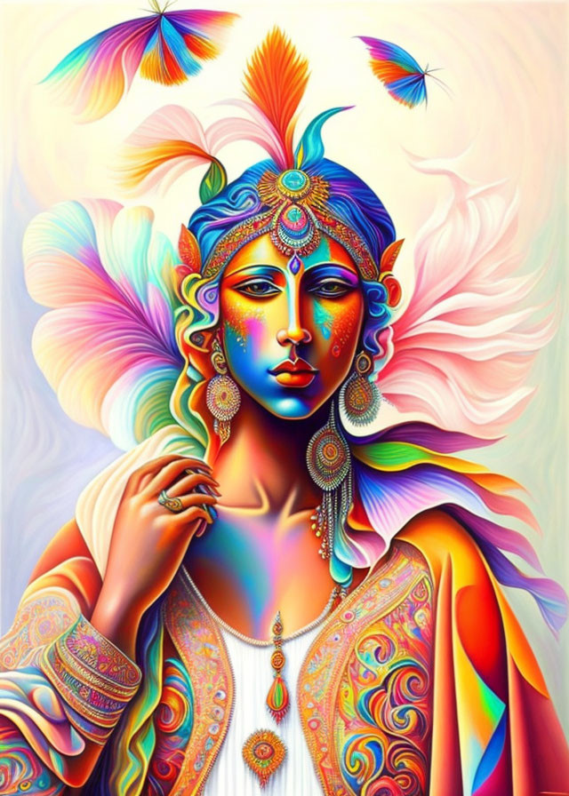 Colorful artwork of blue-skinned female figure with jewelry and feathers in psychedelic setting.