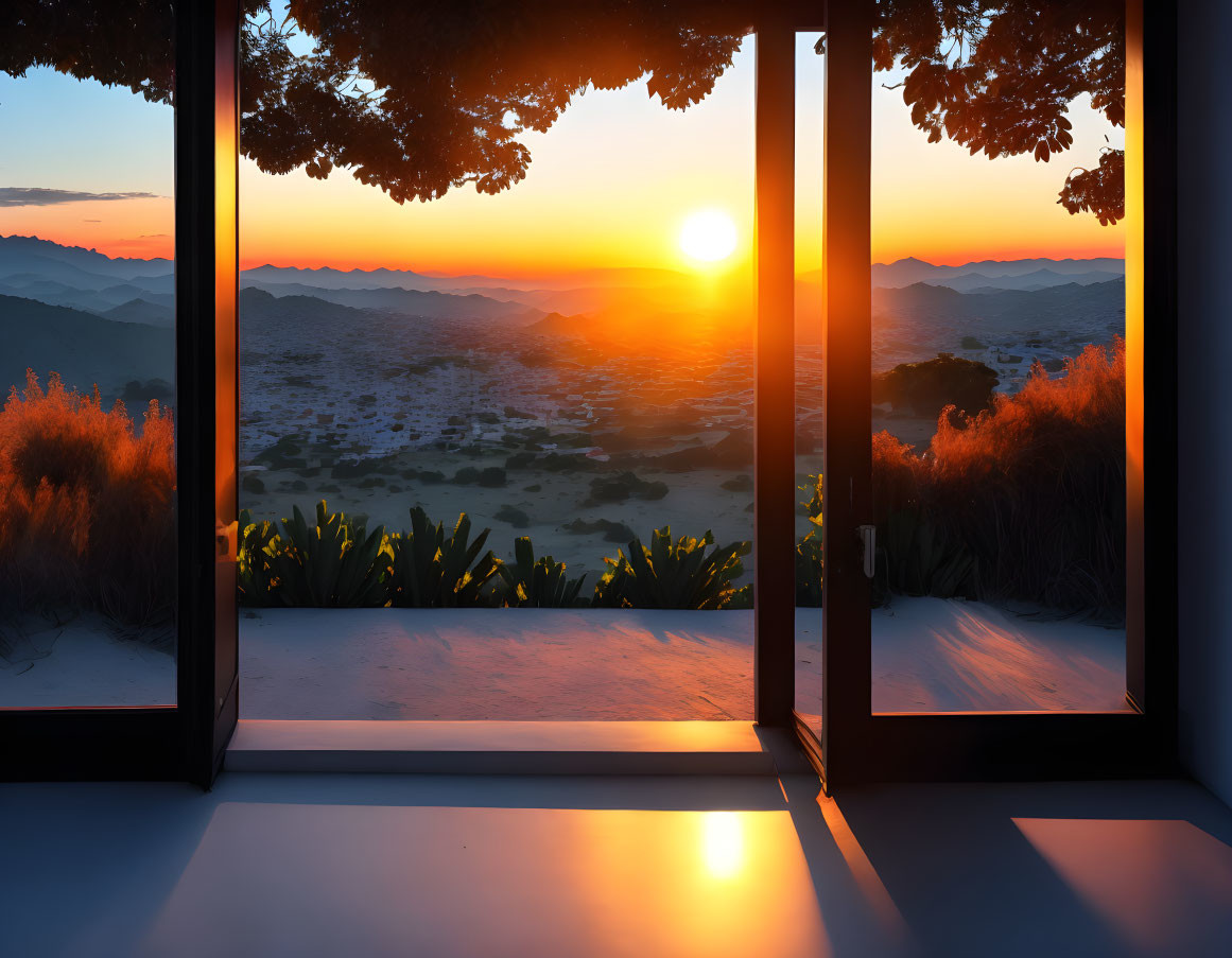 Sunset over hills through open window, tree silhouettes in vibrant sky