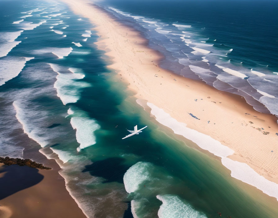 A plane flying over a beach