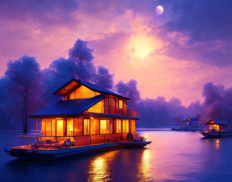 A houseboat in a lake