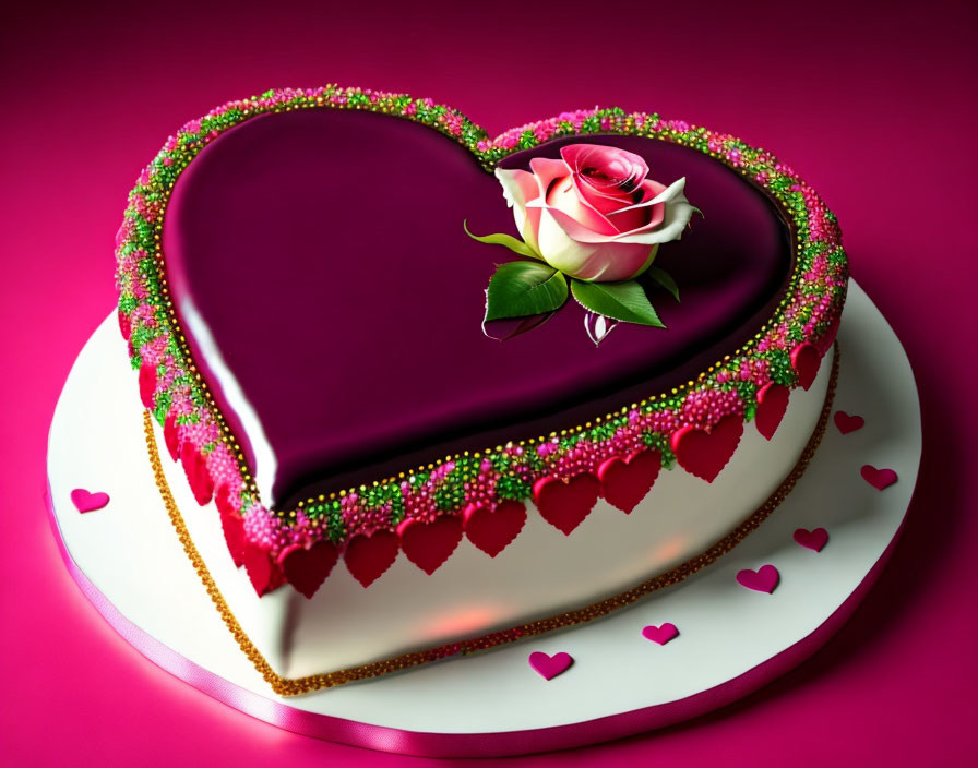 Heart-shaped cake with maroon icing, green and pink details, rose topper on white stand
