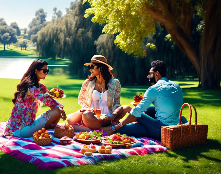 Sunny day picnic with three people by a scenic lake