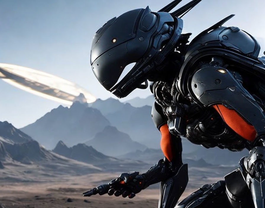 Futuristic black robot in rocky landscape with comet streaking across sky