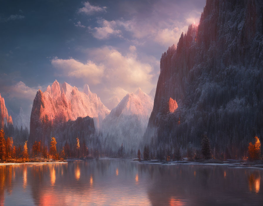 Snow-capped peaks and serene lake under radiant dawn sky