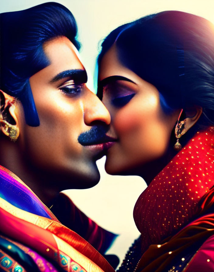Man and woman in traditional Indian attire, close-up kiss scene.