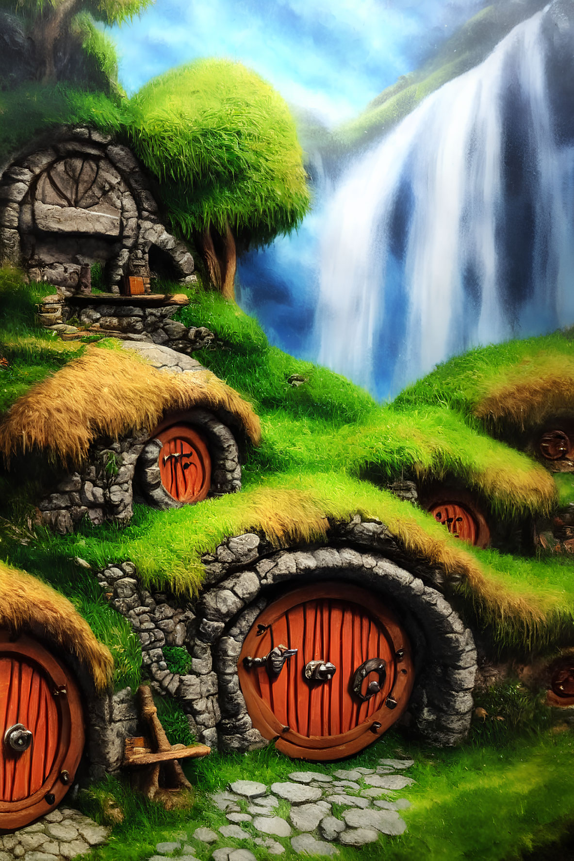 Whimsical hobbit-style hillside homes with round doors and thatched roofs