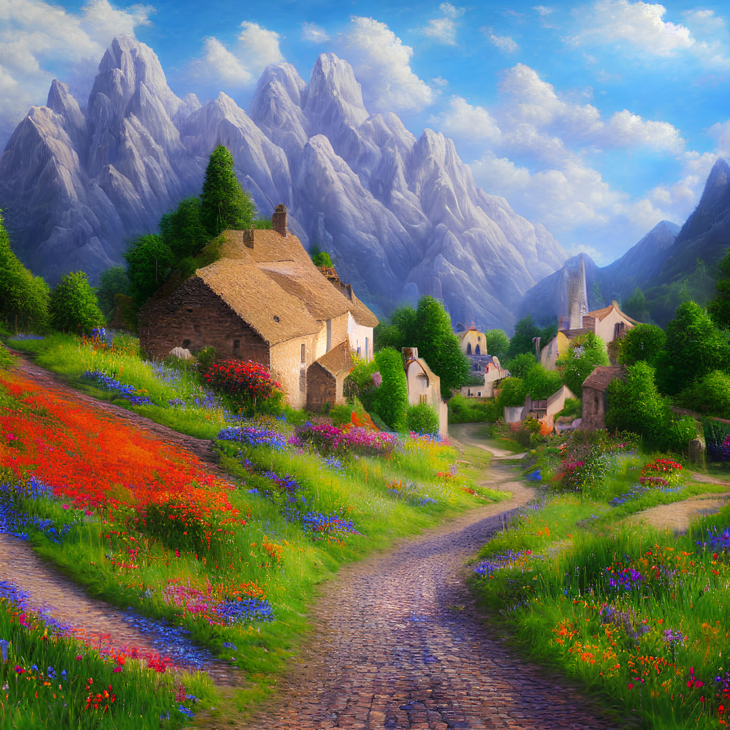 Scenic village with cobblestone path, wildflowers, stone houses, and mountains