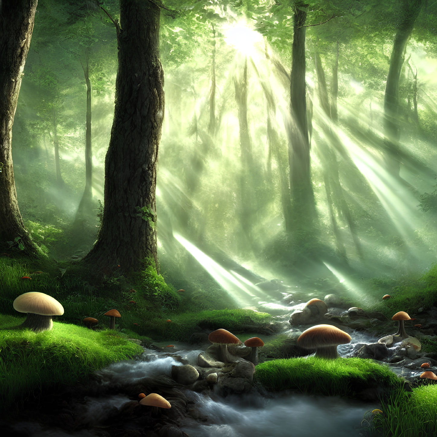 Lush green forest with sunlight illuminating mushrooms and stream