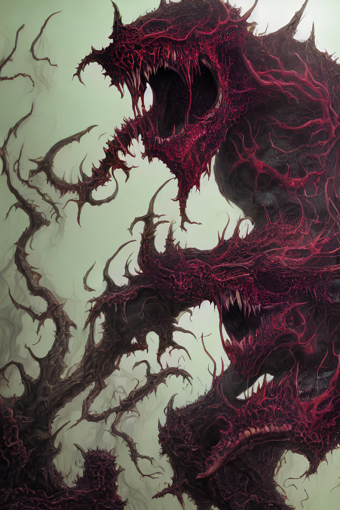 Illustration of Intertwined Red and Black Dragon-like Creatures