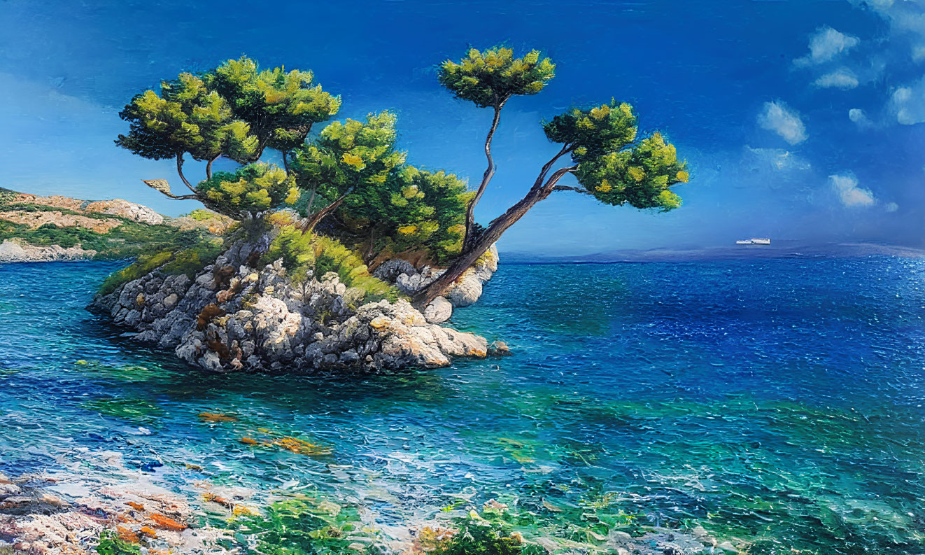 Colorful coastal painting with rocky outcrop, green trees, blue sea, sky, and distant ship