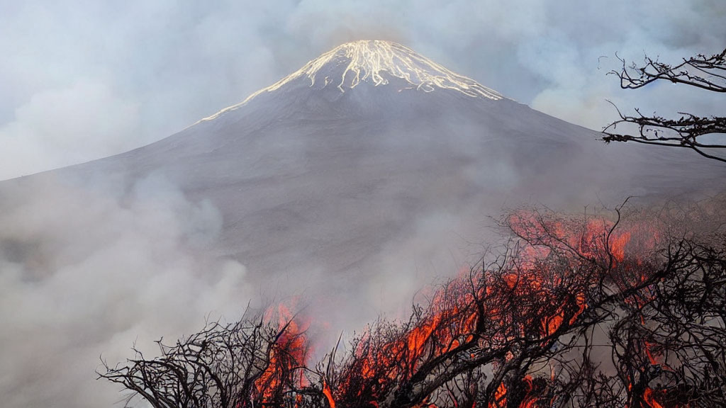 Snow-capped volcano with smoking crater above smoldering branches