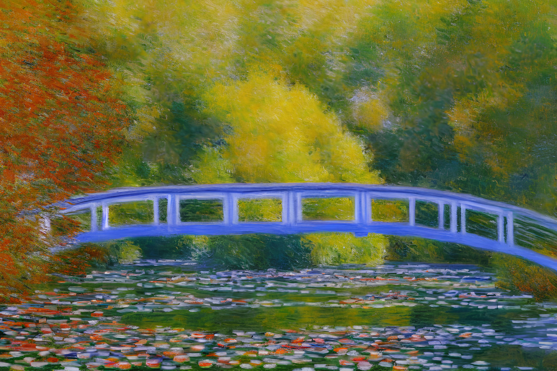 Vibrant impressionistic painting: Blue arched bridge, lily pond, autumn trees