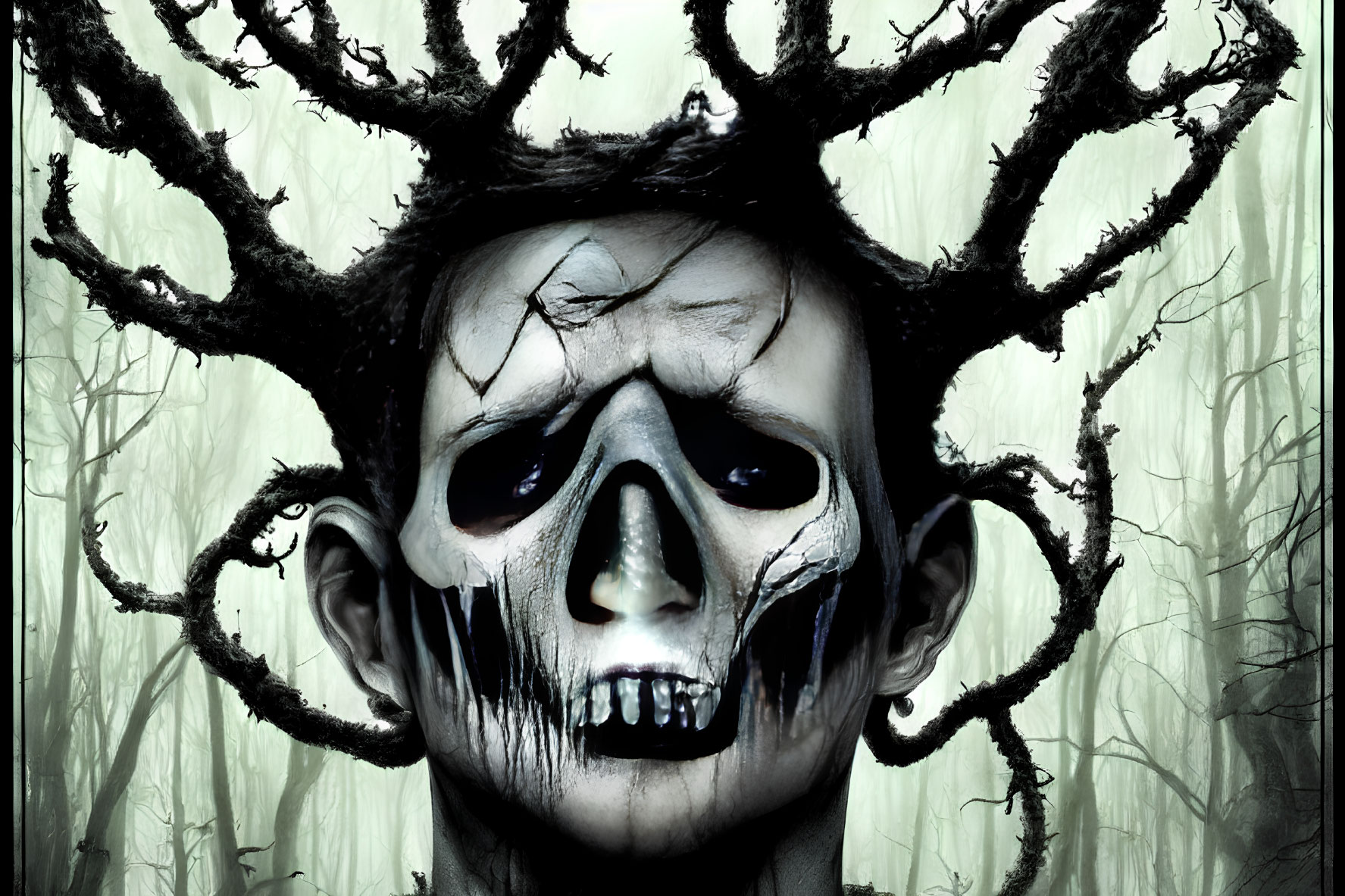Skull-faced human with branch-like horns in wooded scene