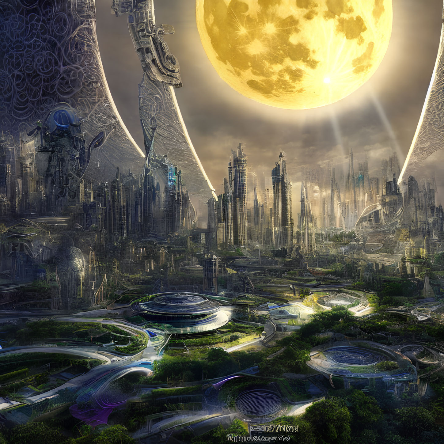 Futuristic cityscape with skyscrapers, moon, and light beams
