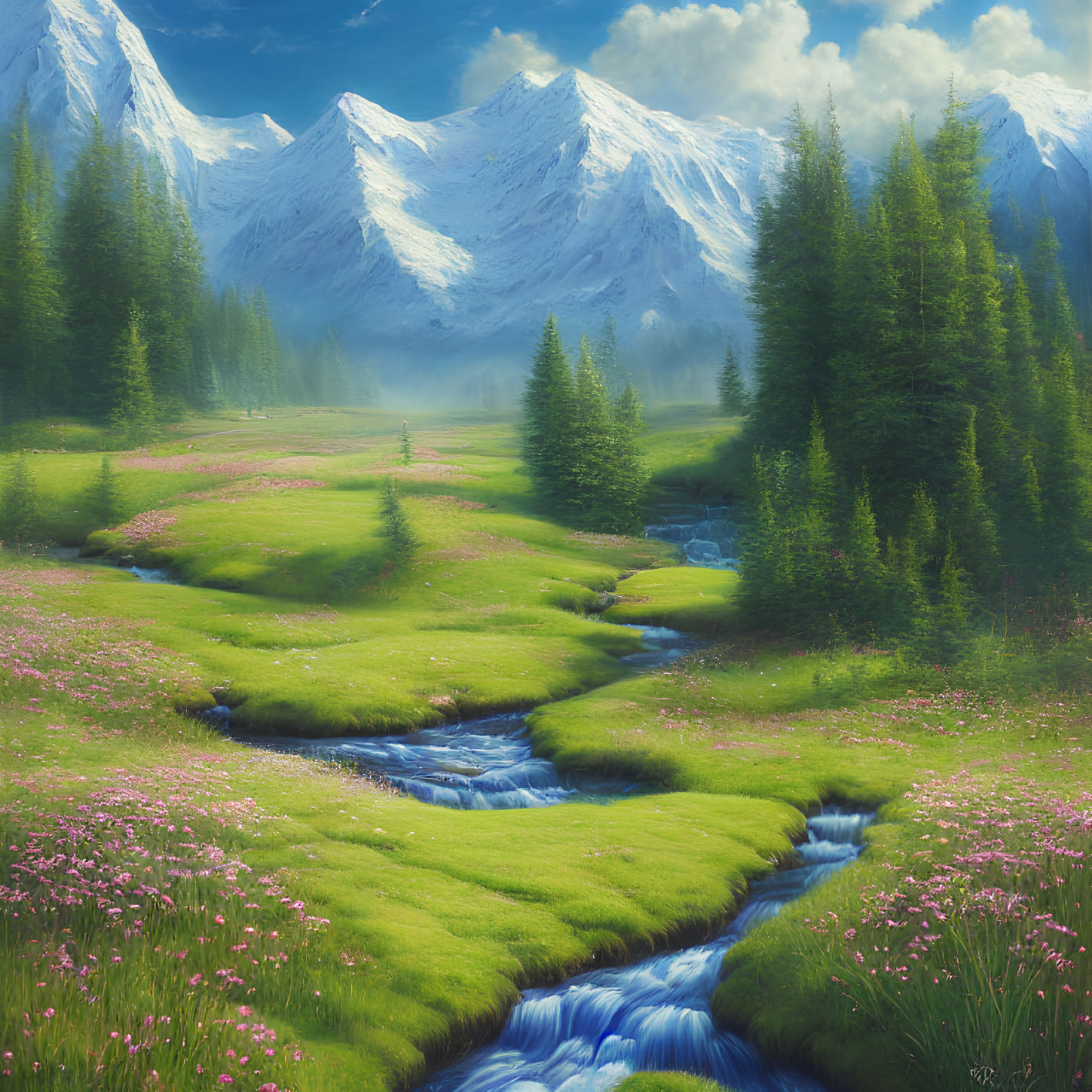 Tranquil landscape with stream, wildflowers, mountains, and blue sky