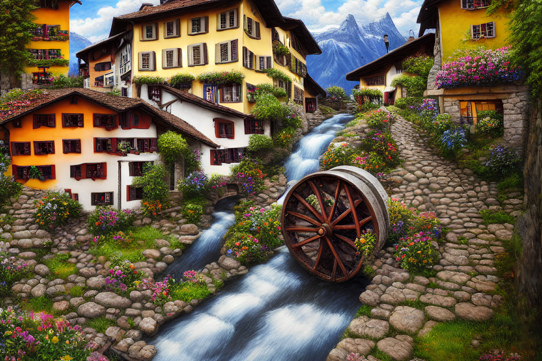 Colorful houses, cobblestone paths, and a clear stream in a picturesque village