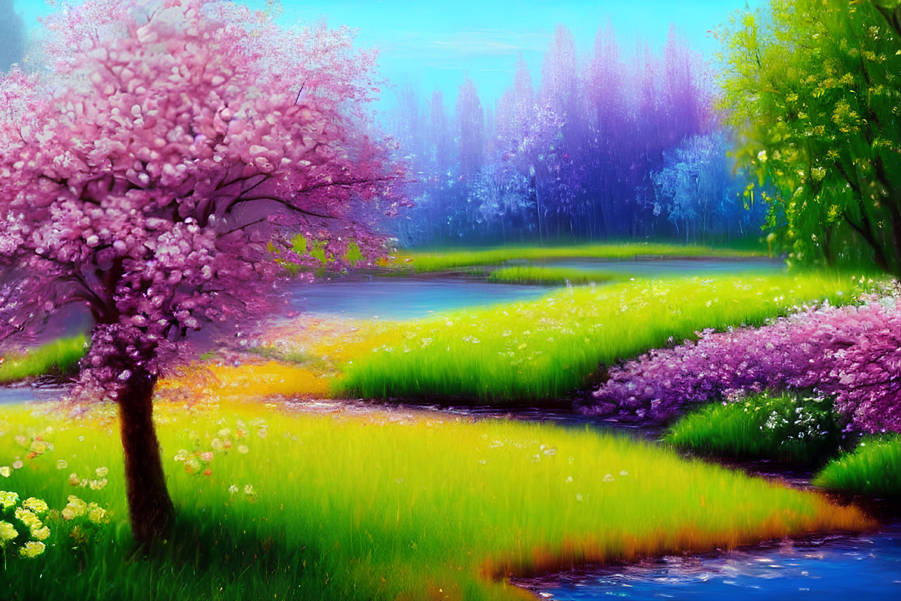 Colorful landscape with pink blooming trees, flowing stream, lush grass, and purple backdrop
