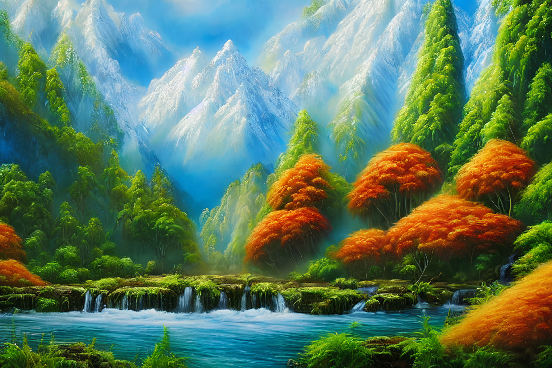 Scenic forest painting with autumn trees, river, and mountains