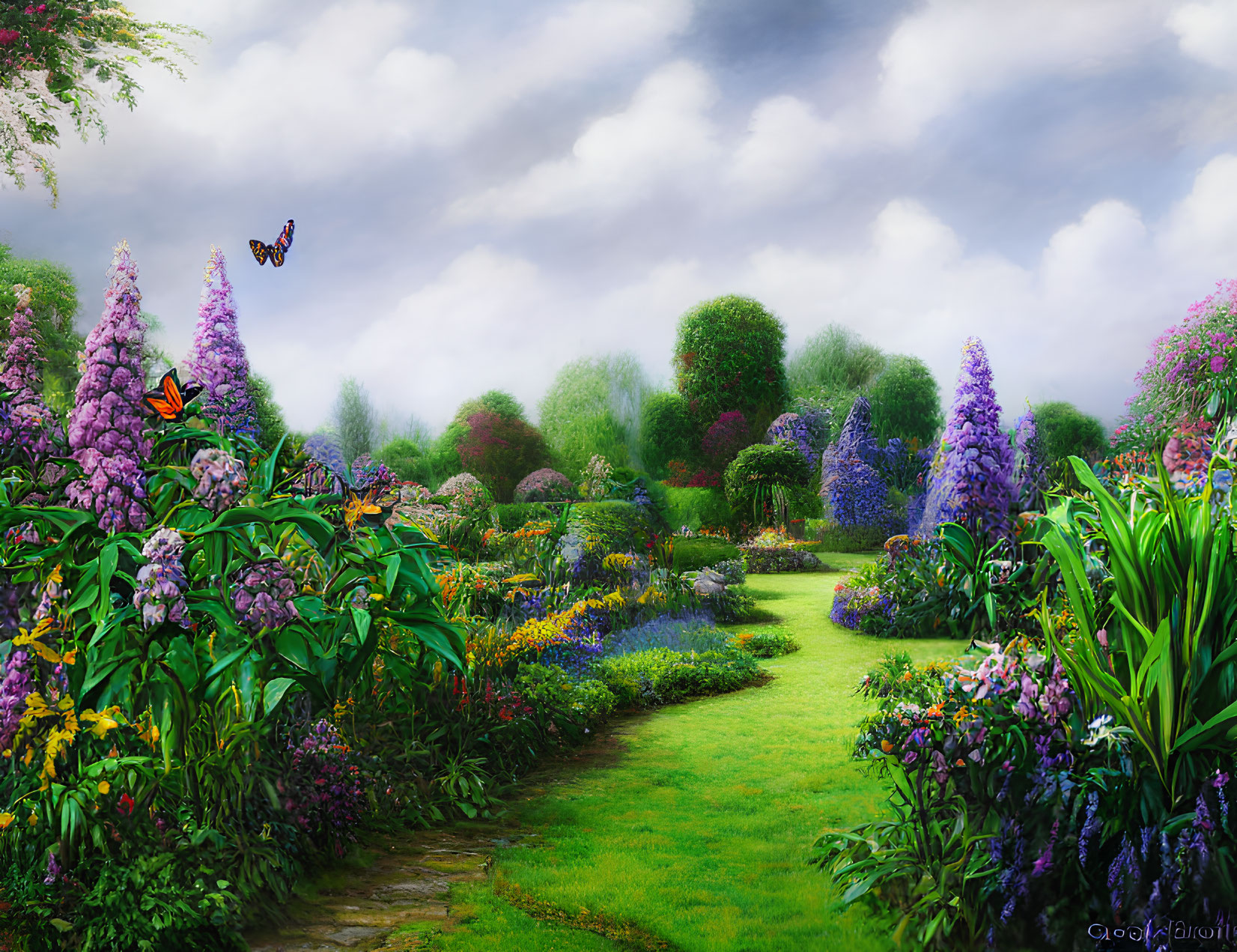 Colorful garden scene with green path, blooming flowers, butterflies, and cloudy sky.