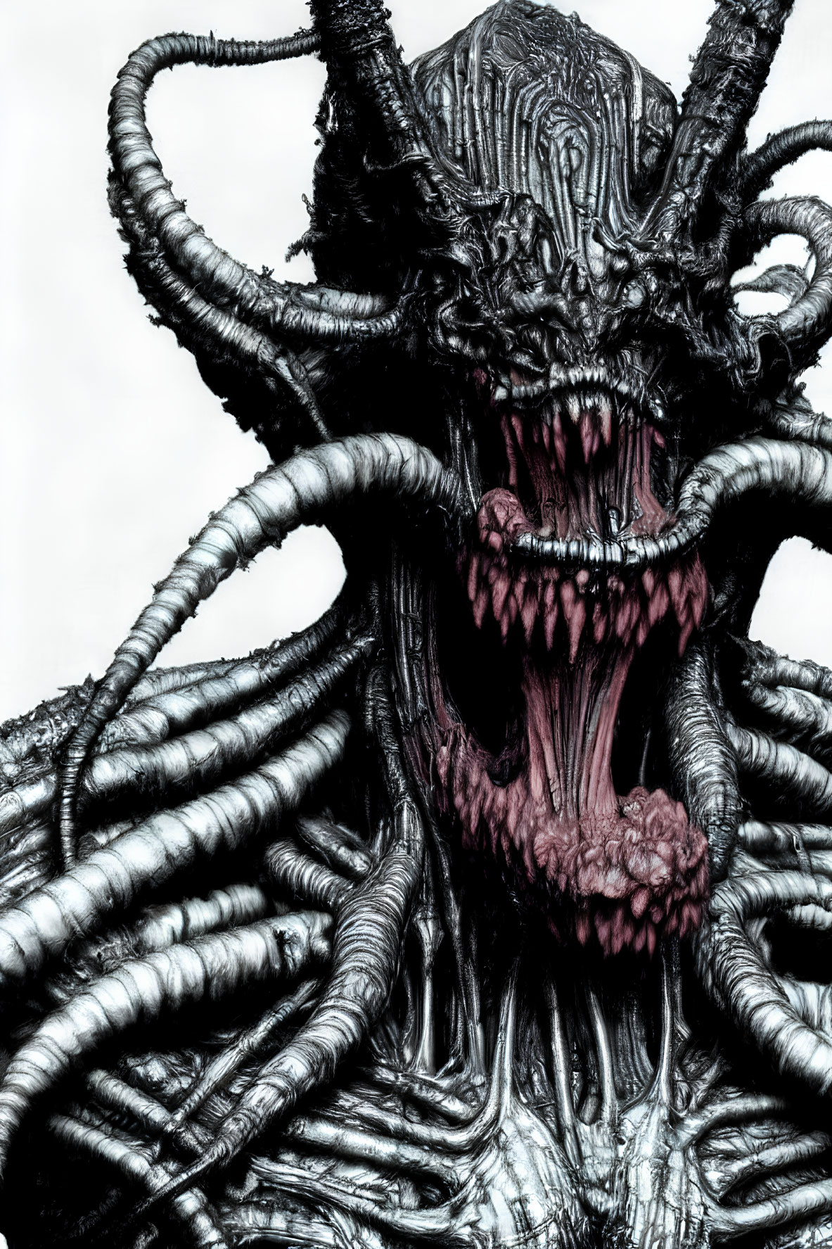 Monstrous creature with tentacles, sharp teeth, and gaping mouth in dark, detailed style