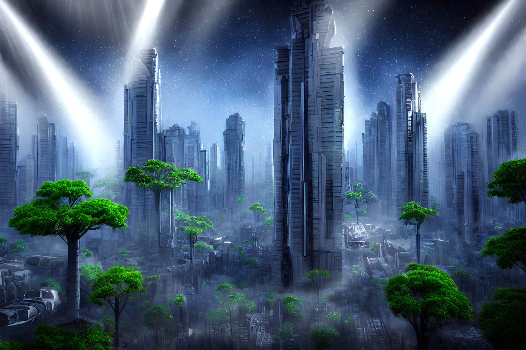 Futuristic cityscape with towering skyscrapers and lush greenery under a starry sky