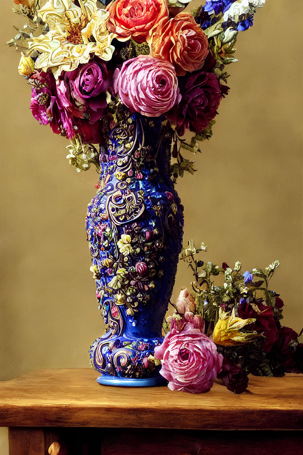 Blue Vase with Gold Patterns and Colorful Roses on Warm Background