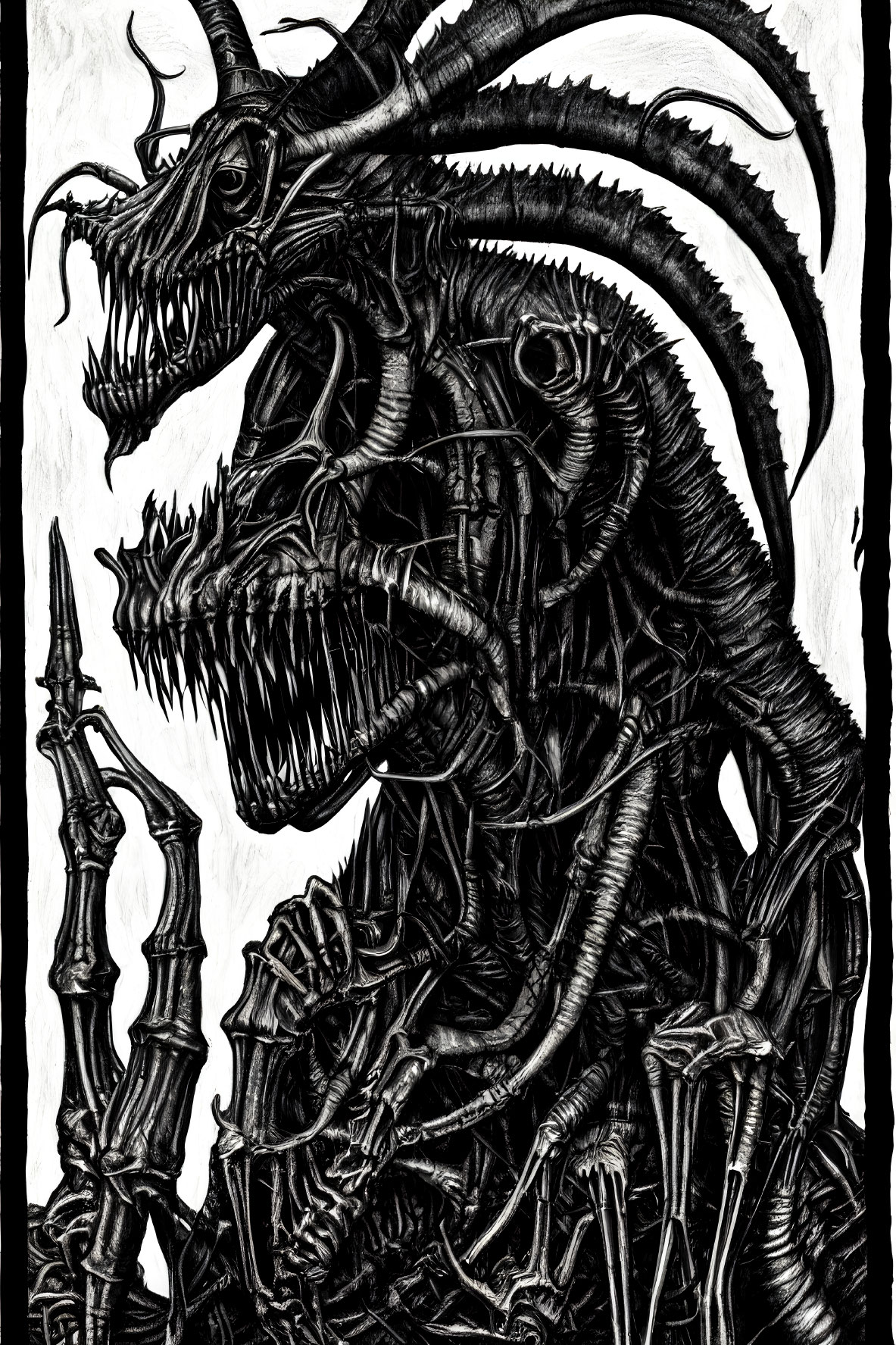 Detailed black and white illustration of fearsome creature with horns, teeth, and staff