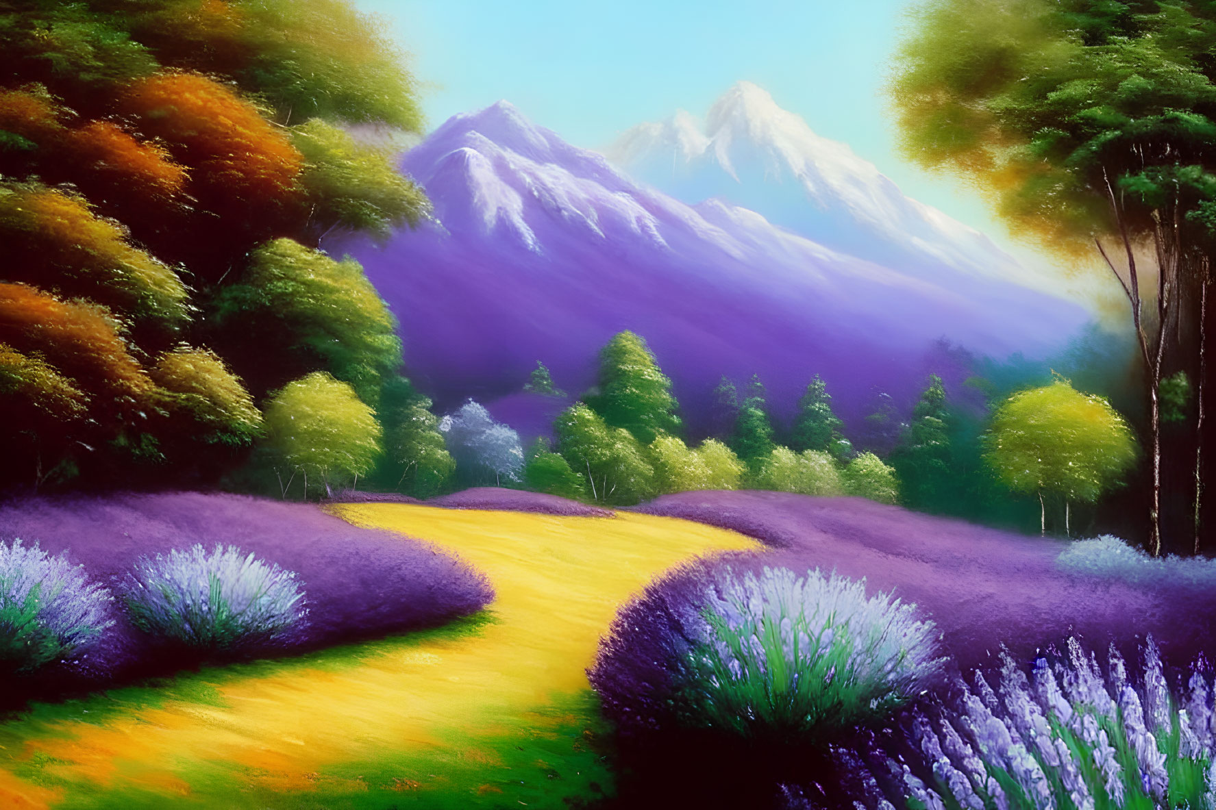 Lavender fields, forest, and mountains in vibrant landscape painting