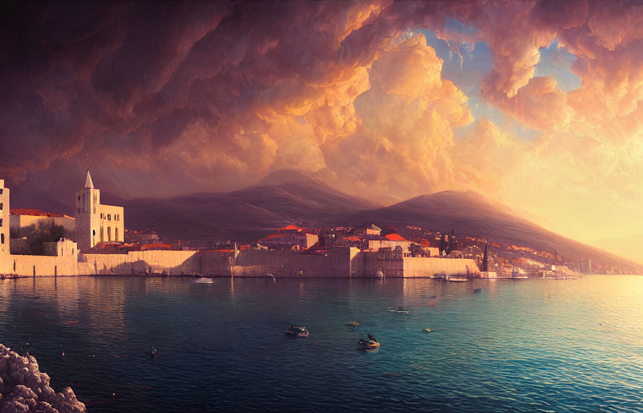 Medieval coastal town with calm sea, boats, and golden clouds over mountain backdrop