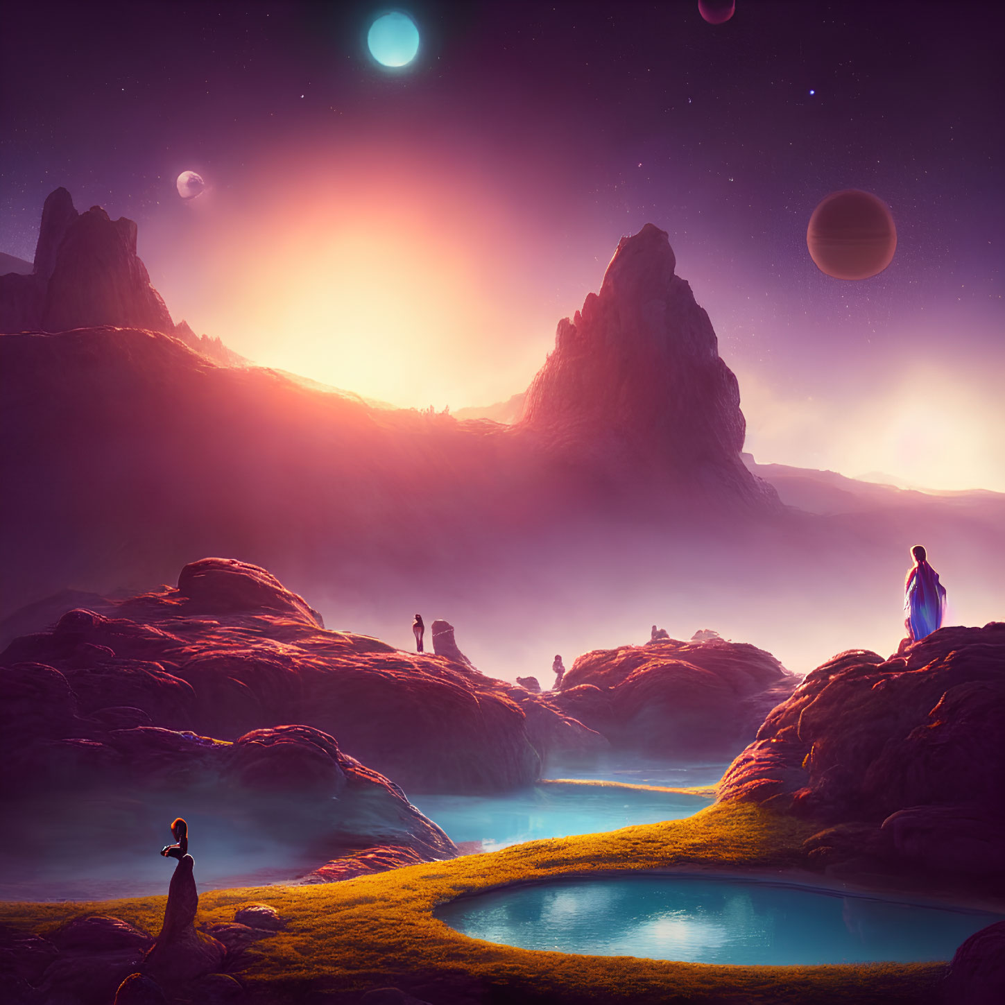 Vibrant skies and celestial bodies in fantastical landscape
