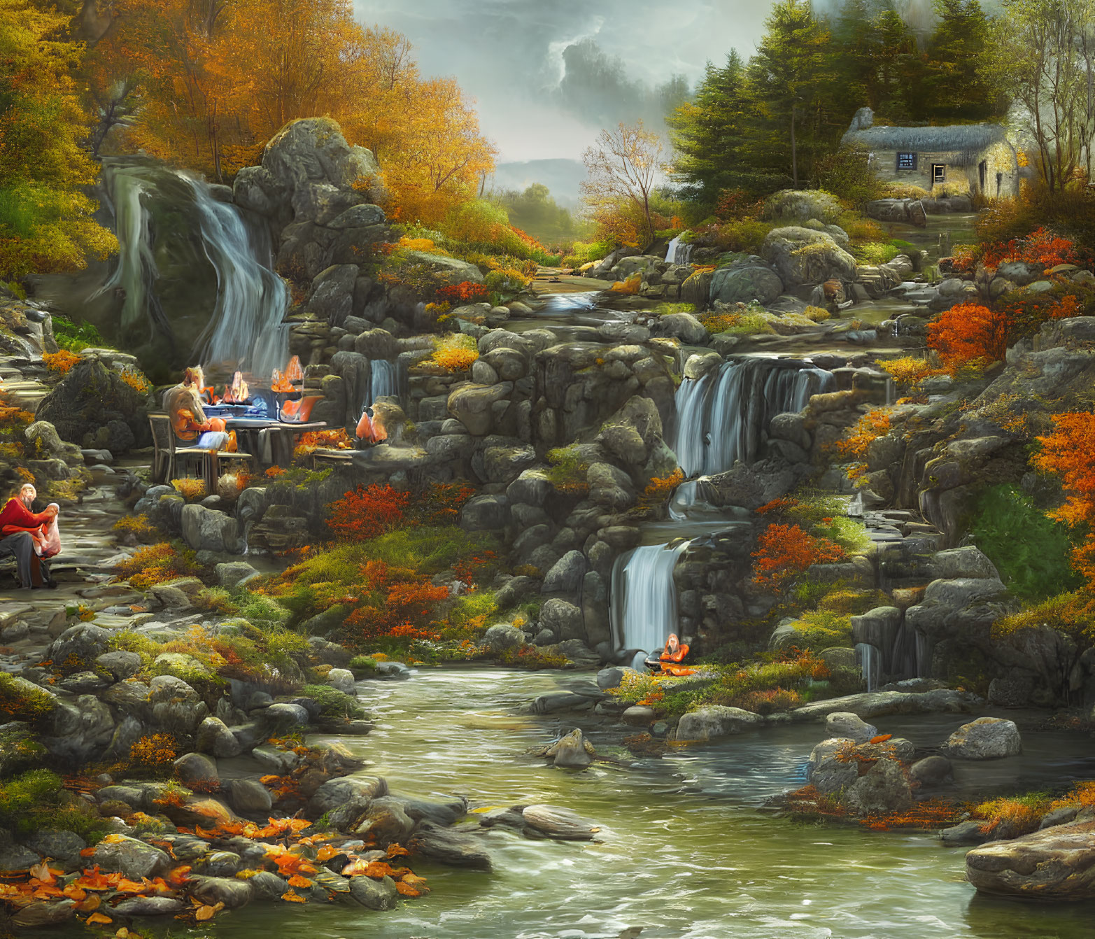 Tranquil autumn scene with waterfall, cottage, picnic, and fishing
