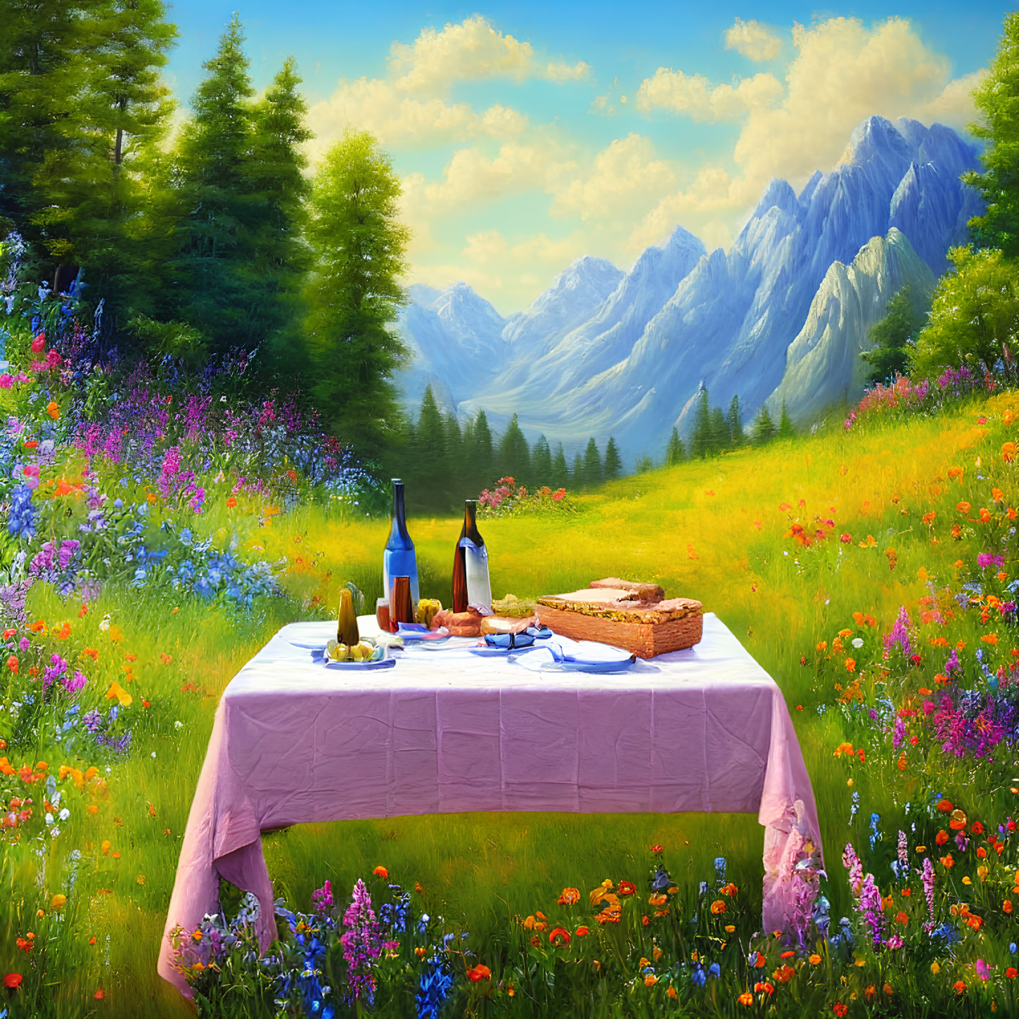 Scenic picnic setup in blooming meadow with food and wine, mountains in background