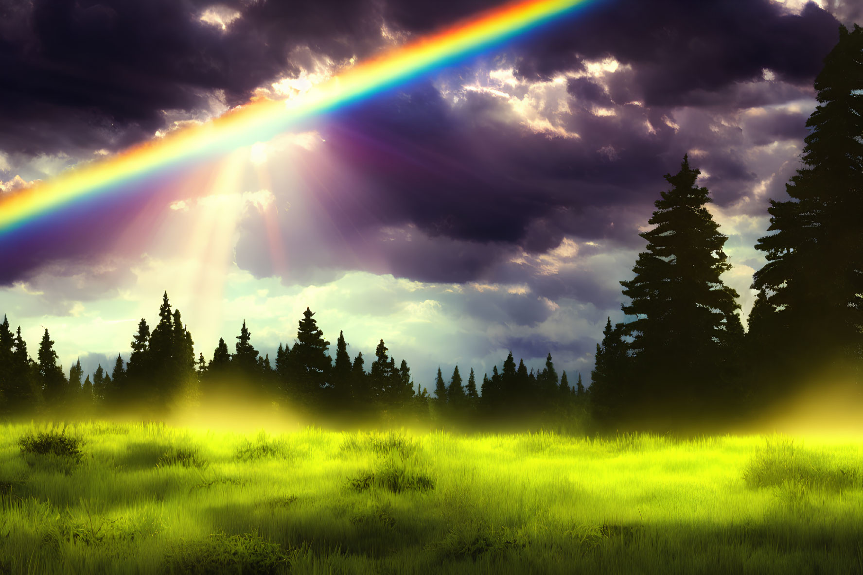 Colorful rainbow over lush forest and meadow with sun rays and clouds