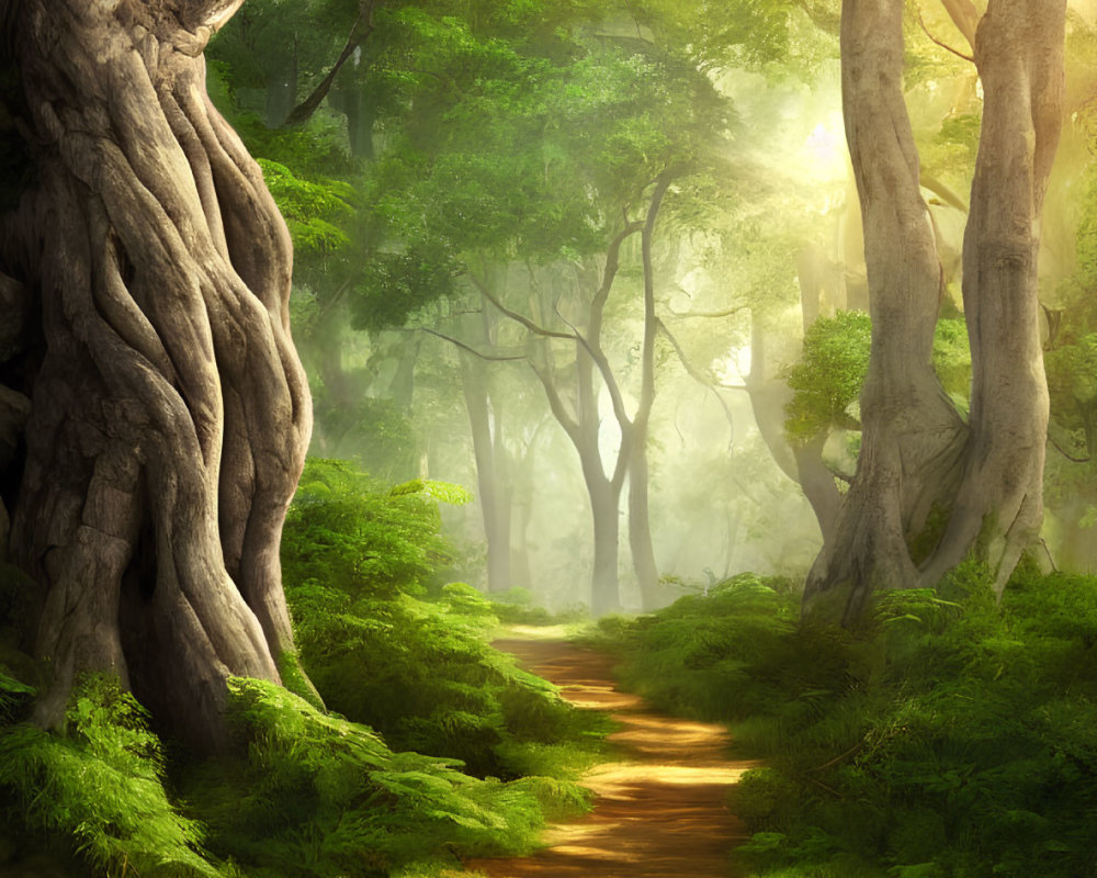 Tranquil forest path with twisted trees and sunlight filtering through green foliage
