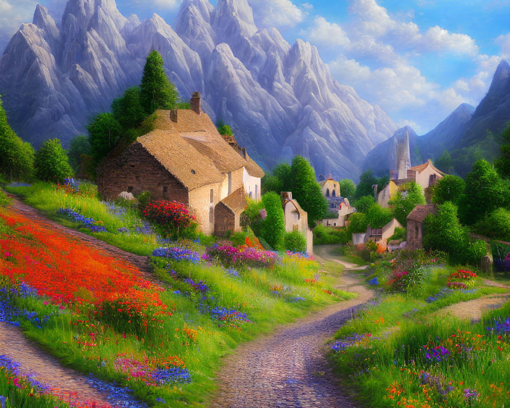 Scenic village with cobblestone path, wildflowers, stone houses, and mountains