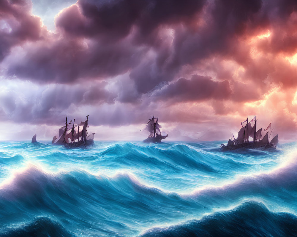 Sailing Ships in Stormy Ocean with Dramatic Sky