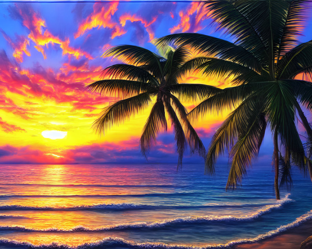 Fiery sunset over serene beach with palm trees and waves