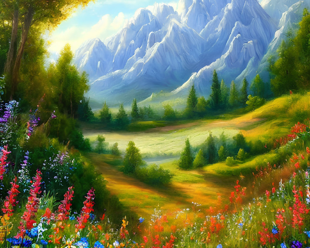 Colorful painting of blooming meadow with flowers, trees, and mountains