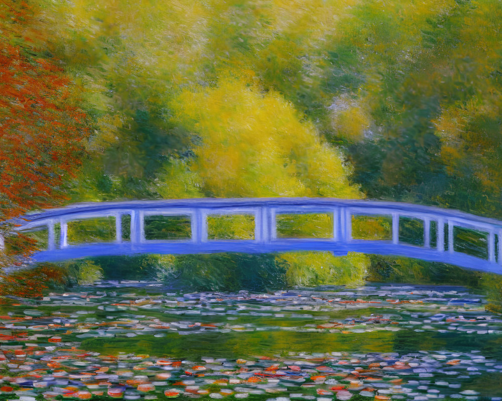 Vibrant impressionistic painting: Blue arched bridge, lily pond, autumn trees