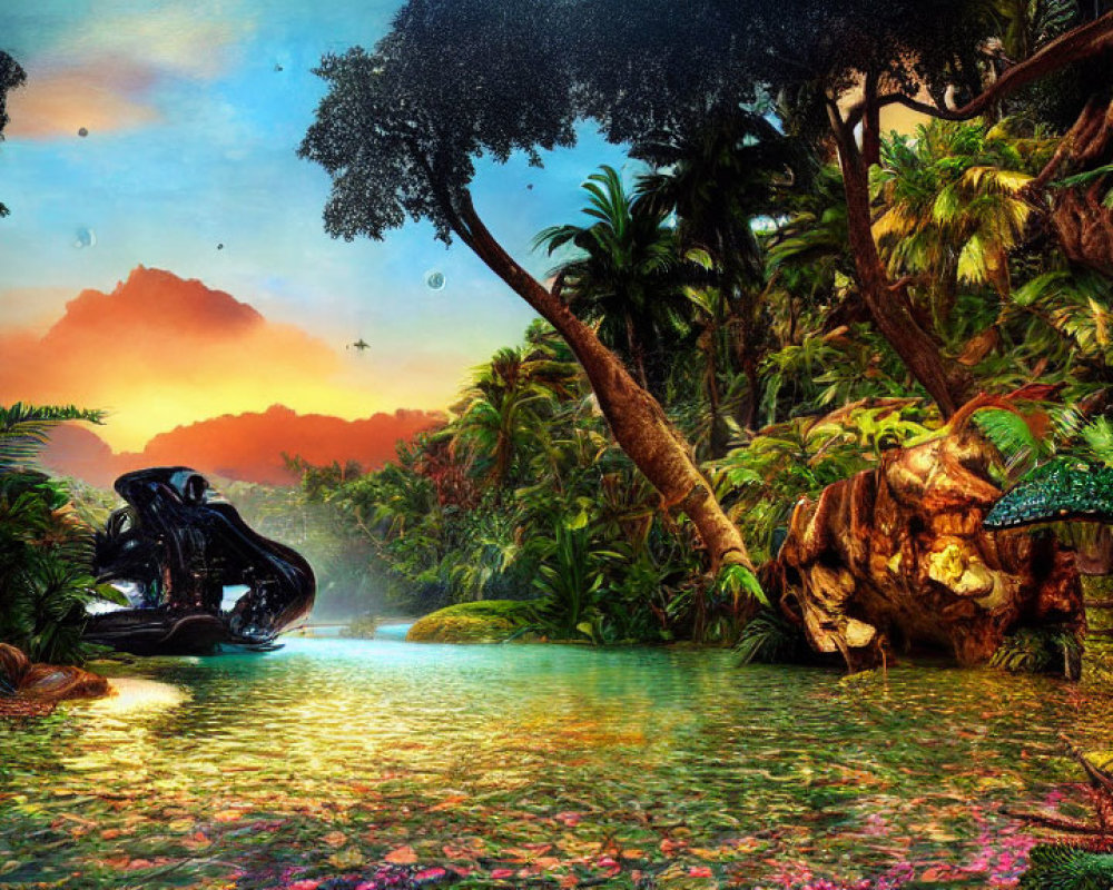 Colorful Jungle Sunset Scene with River and Flowers