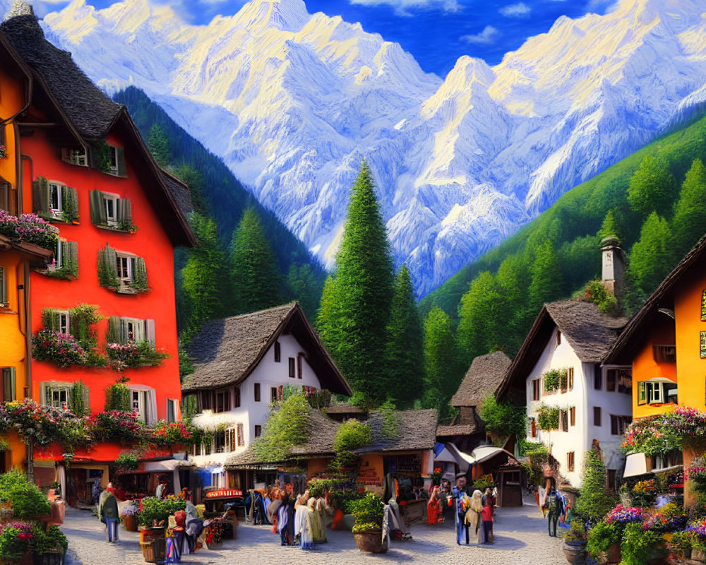 Vibrant alpine village with marketplace, flower-adorned houses, snow-capped mountains