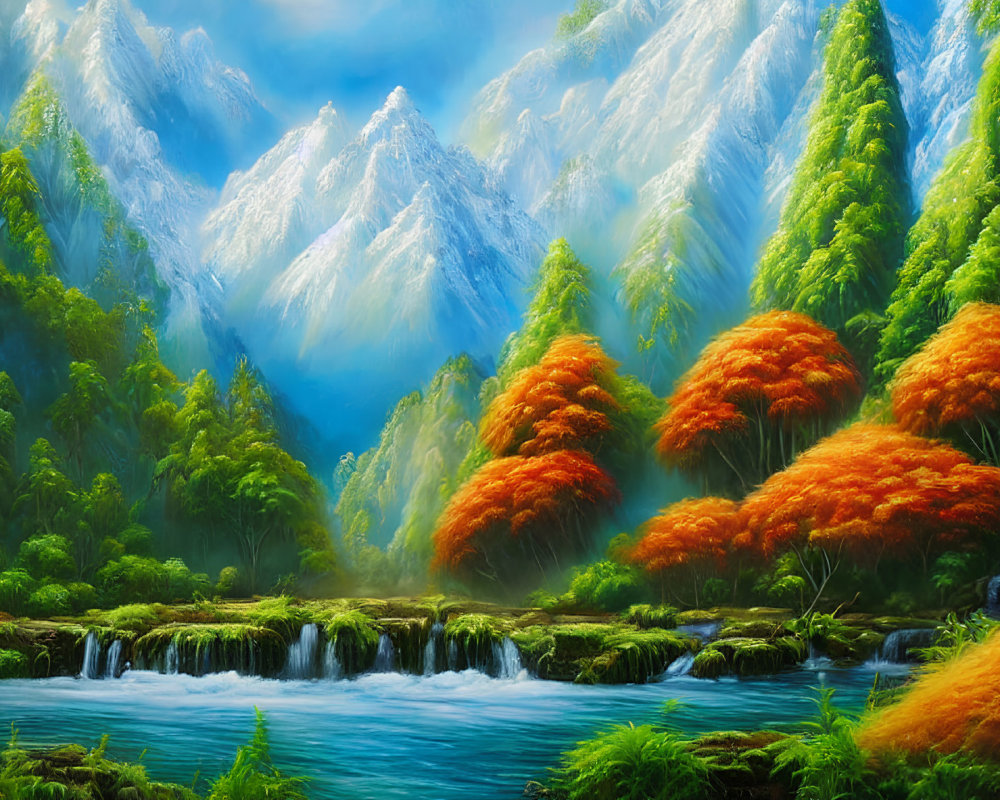 Scenic forest painting with autumn trees, river, and mountains