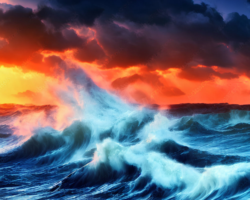 Ocean scene with high waves under fiery sunset sky.