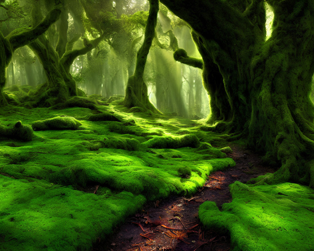 Moss-Covered Trees in Enchanted Forest Scene