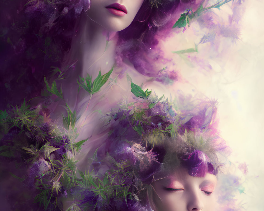 Surreal portrait of two women in purple and green flora